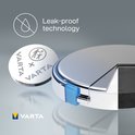 Gedetailleerde doorsnede van een Varta knoopcelbatterij met 'Leak-proof technology' tekst.