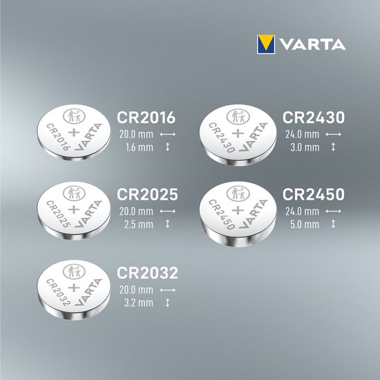 Overzicht van Varta knoopcelbatterijen met modelnummers en afmetingen: CR2016, CR2025, CR2032, CR2430, CR2450.
