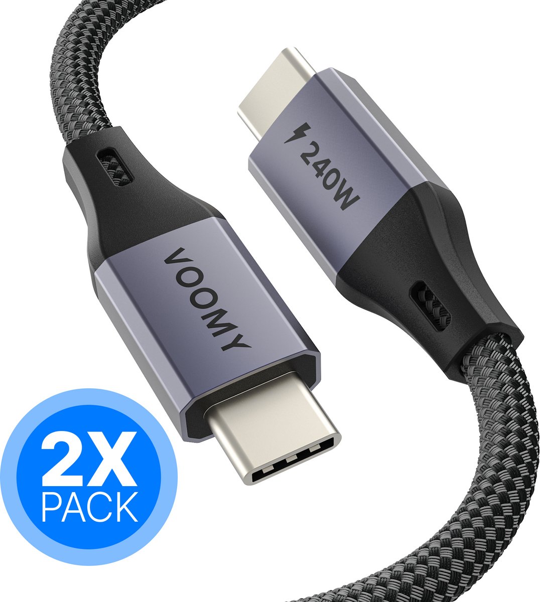 Voomy USB C Kabel 240W - 2 Stuks - USB C naar USB C - 2 Meter - 480 Mbps - Oplaadkabel Snellader - Geschikt voor Smartphone, Laptop & Tablet - Gevlochten kabel