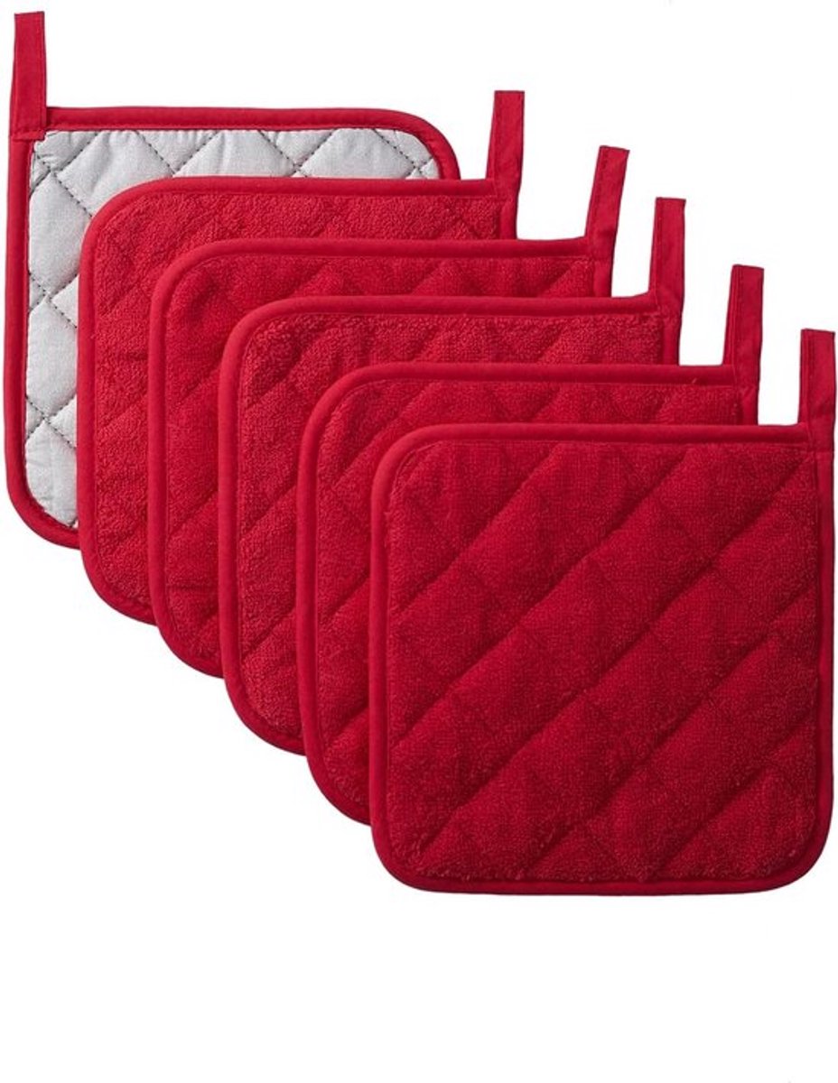 Set van 6 hittebestendige matten — Inclusief zilvergecoate ovenwanten, vierkante placemats, anti-verbrandingsmatten en hittebestendige onderzetters; Geschikt voor magnetrons en ovens; Hittebestendige thermische matten voor koken en bakken – Rood