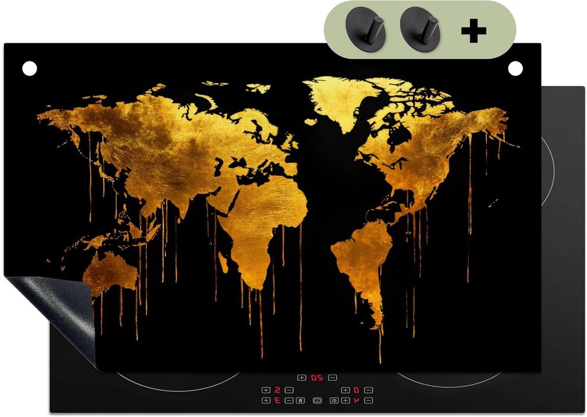 Inductie Beschermer - Kookplaat Mat - Keuken Decoratie - 2-in-1 Spatbescherming - 51.5x83 cm - Wereldkaart Goud