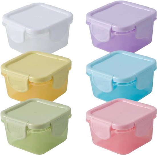 Six petits contenants alimentaires carrés de couleur pastel : blanc, violet, bleu, jaune, vert clair et rose.