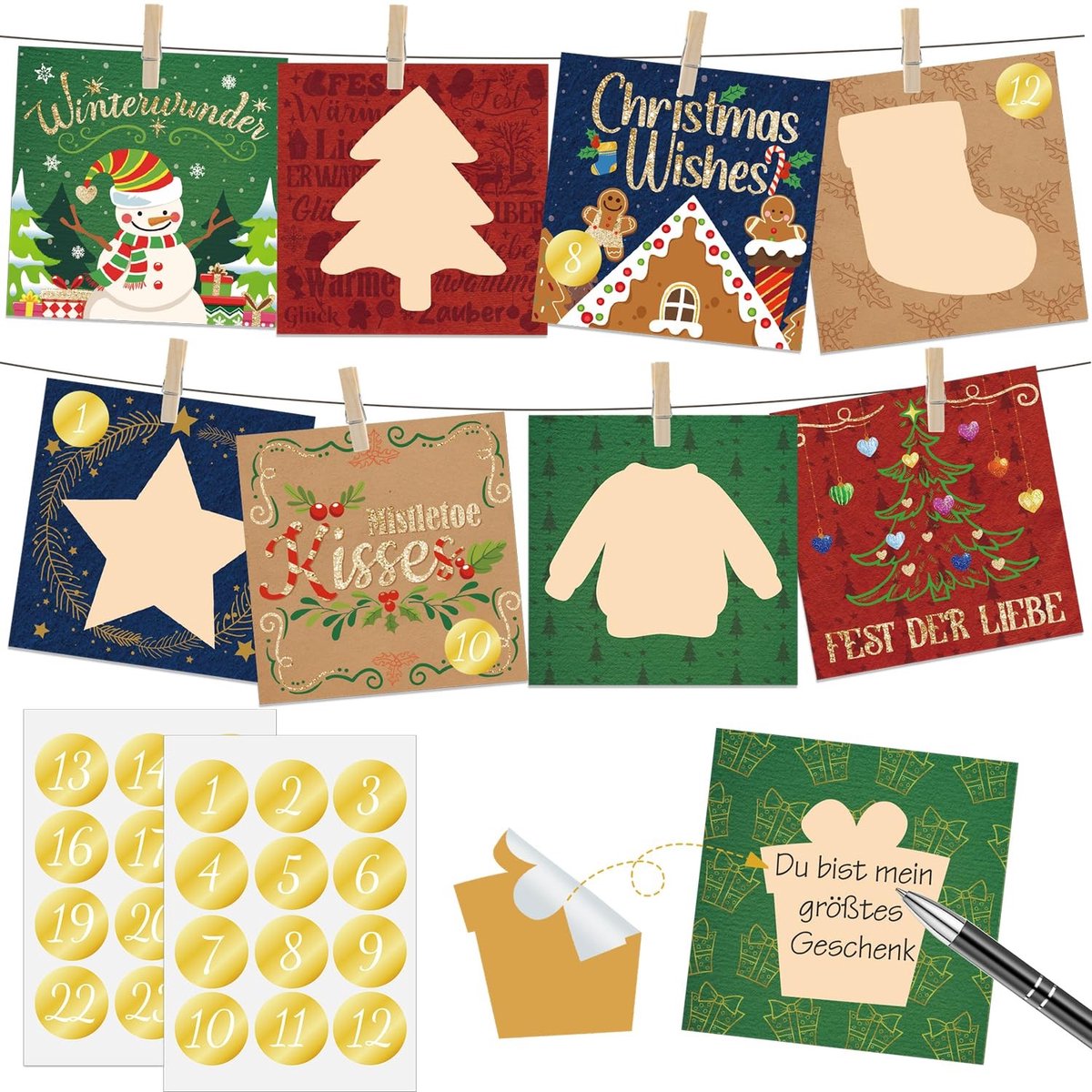 Dailygoods- Adventskalender DIY - 24 Kraskaarten - Kerststickers - Houten Knijpers - Henneptouw - Elegante Kaarten 2024 - Kerstkalender