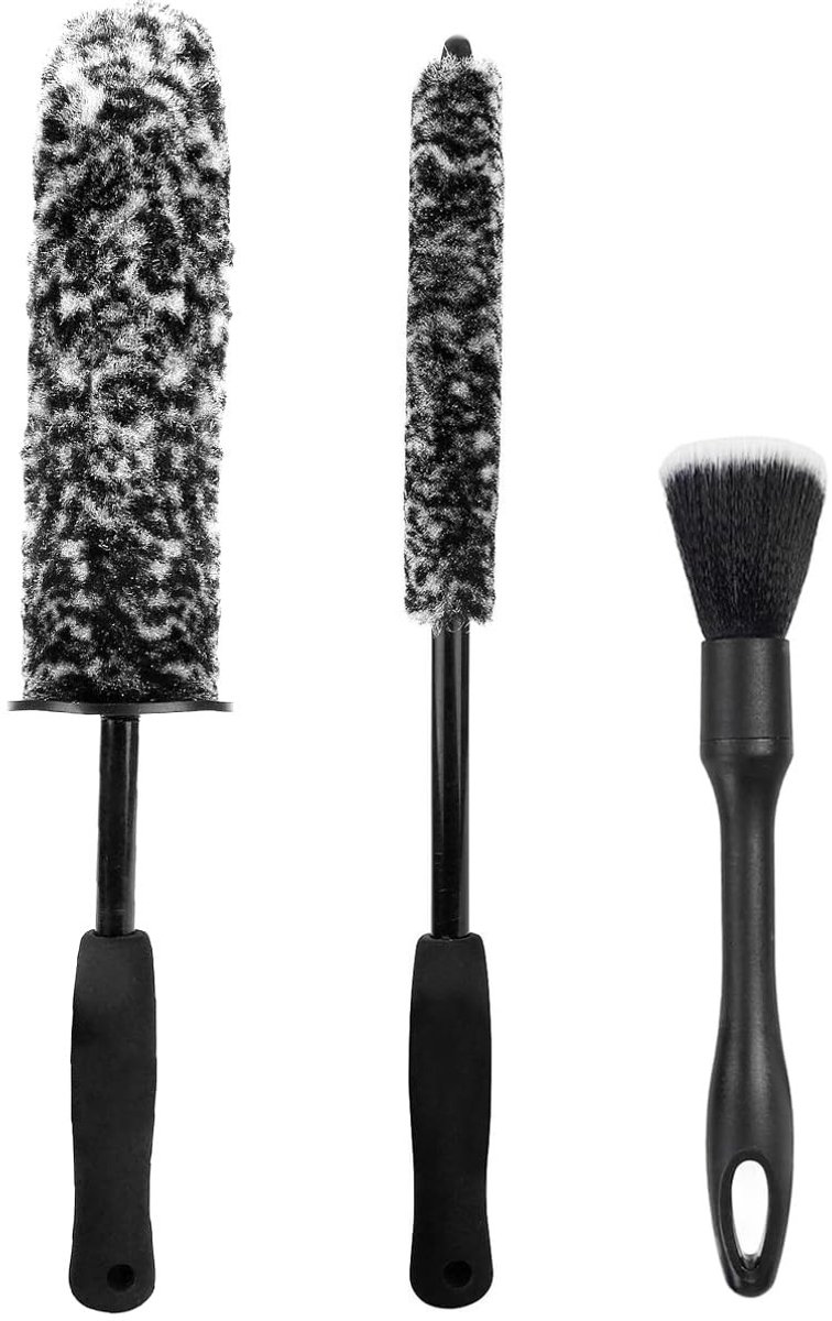 Dailygoods- Wielborstels Set van 3 - Microfiber Borstelharen - Lange Handgreep - Antislip Handgreep - Geschikt voor Alle Voertuigen - Duurzaam en Betrouwbaar - Wielreinigingsset