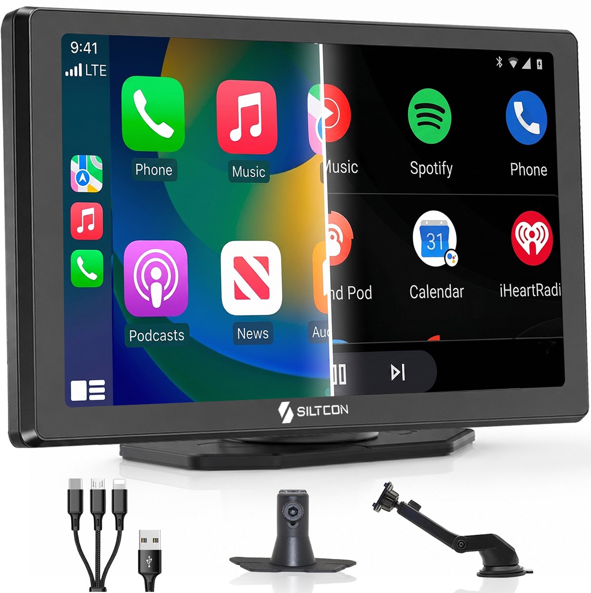 Siltcon® Geschikt voor Carplay Scherm 9 Inch - Geschikt voor Android Auto Scherm - Geschikt voor Apple Carplay Scherm - Draadloos - Navigatiesysteem Auto - HD Touchscreen - AUX - FM - BT - Universeel - Incl. Oplaadkabels Telefoon - Zwart