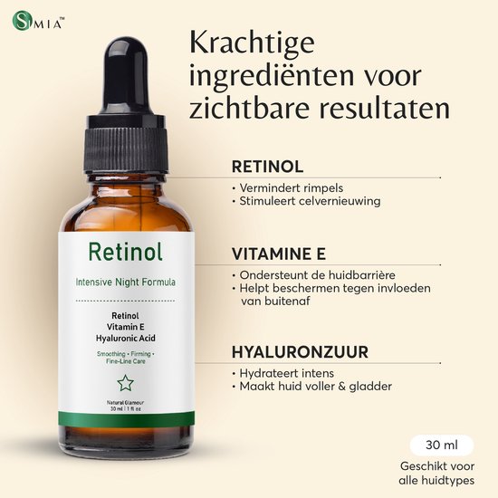 SIMIA™ Original Active Retinol Serum - Met Vitamine E & Hyaluronzuur - Gezichtsserum - Collageen - Anti Aging - Celvernieuwing - Anti-Acne - Tegen Mee-eters en Grove Poriën - Tegen Pigmentvlekken - 30ml