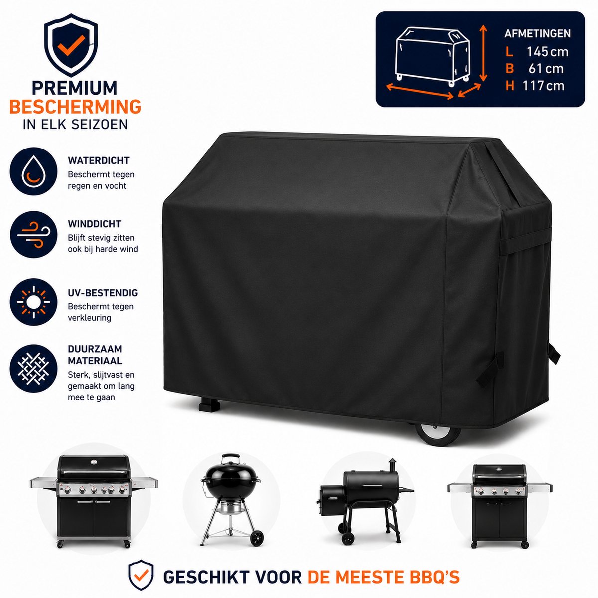 MeuvelsvanJoep BBQ Hoes - Waterdichte beschermhoes - UV bescherming - Maat 145 x 61 x 117 cm - Met trekkoord