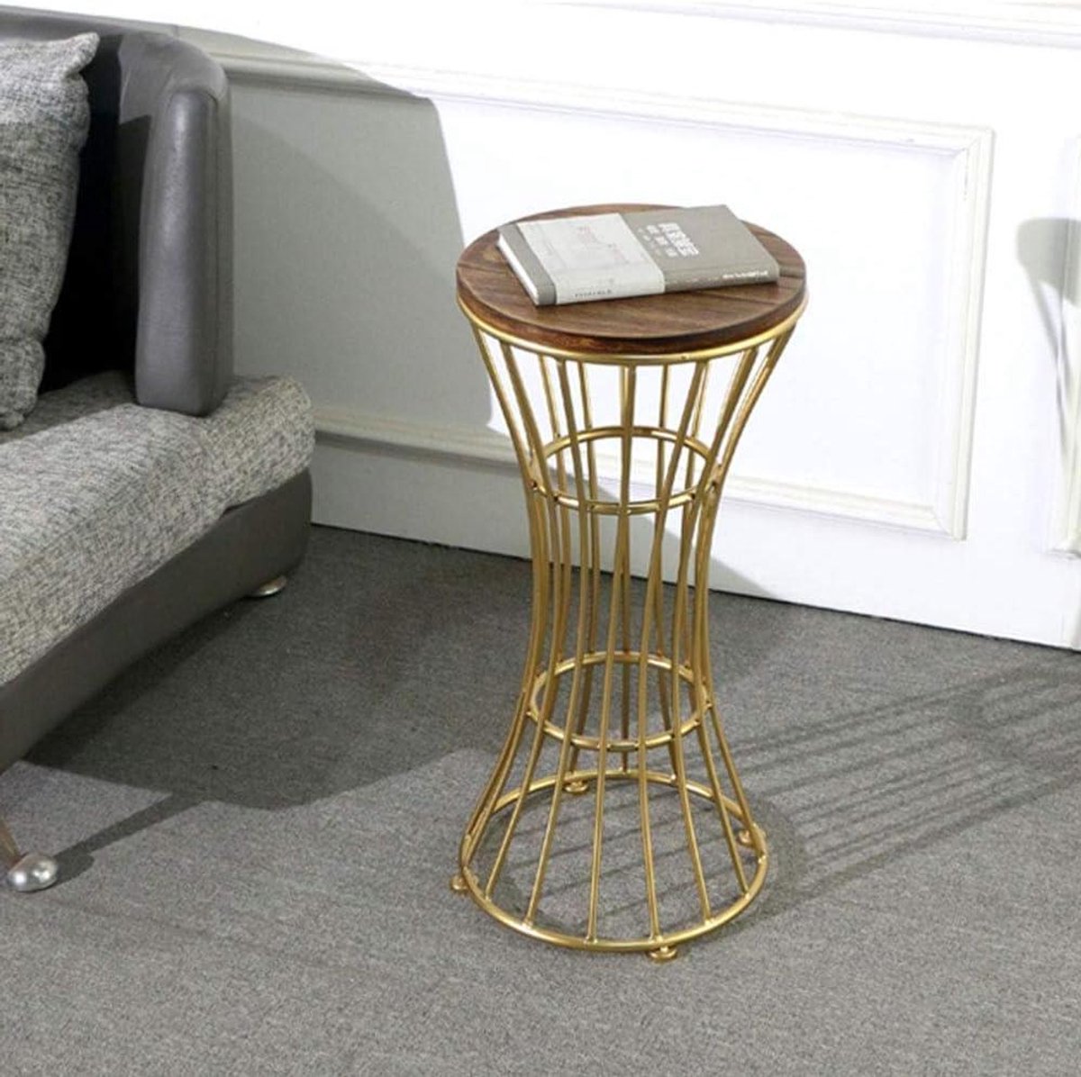 Bijzettafel Hout - Ronde Tafel - Woonkamer Decoratie - Stevig Metalen Frame - 30 x 53 cm - Houtlook