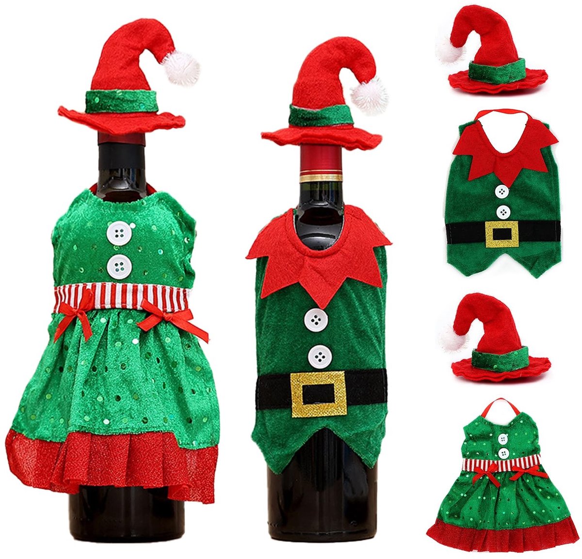 Dailygoods- Flessendecoratie Kerstmis - 2 Stuks - Flessenverpakking - Wijnflesafdekking - Kerstdecoratie - Polyester - 23 x 20 cm - Flessenhoes