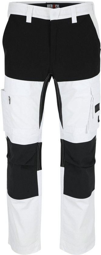 Zwart-witte werkbroek met witte voor- en achterkant, en zwarte panelen op de dijen, knieën en kuiten.
