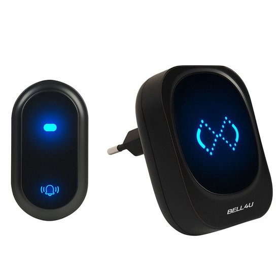 Zwarte deurbelzender en een ontvanger met stekker, beide met blauwe LED-verlichting.