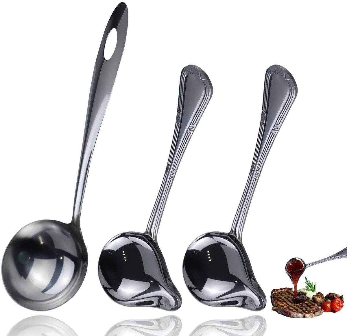 Dailygoods- Sauslepel 20,5 cm - Hoogglans Roestvrij Staal - Eendensnavelvorm - Ergonomische Handgreep - 2 Stuks - Inclusief 7 cm Soeplepel