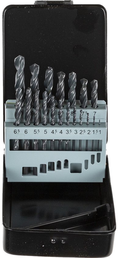 Zwarte metalen cassette met een set van 15 HSS-R metaalboren, rolgewalst, met maten genoteerd in mm.