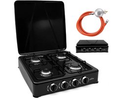 HOMELUX 6,2 kW gasfornuis - 4 verschillende branders - Campingkookplaat met deksel - Met slang en 50mbar drukregelaar - Gasfornuis voor buiten - Zwart