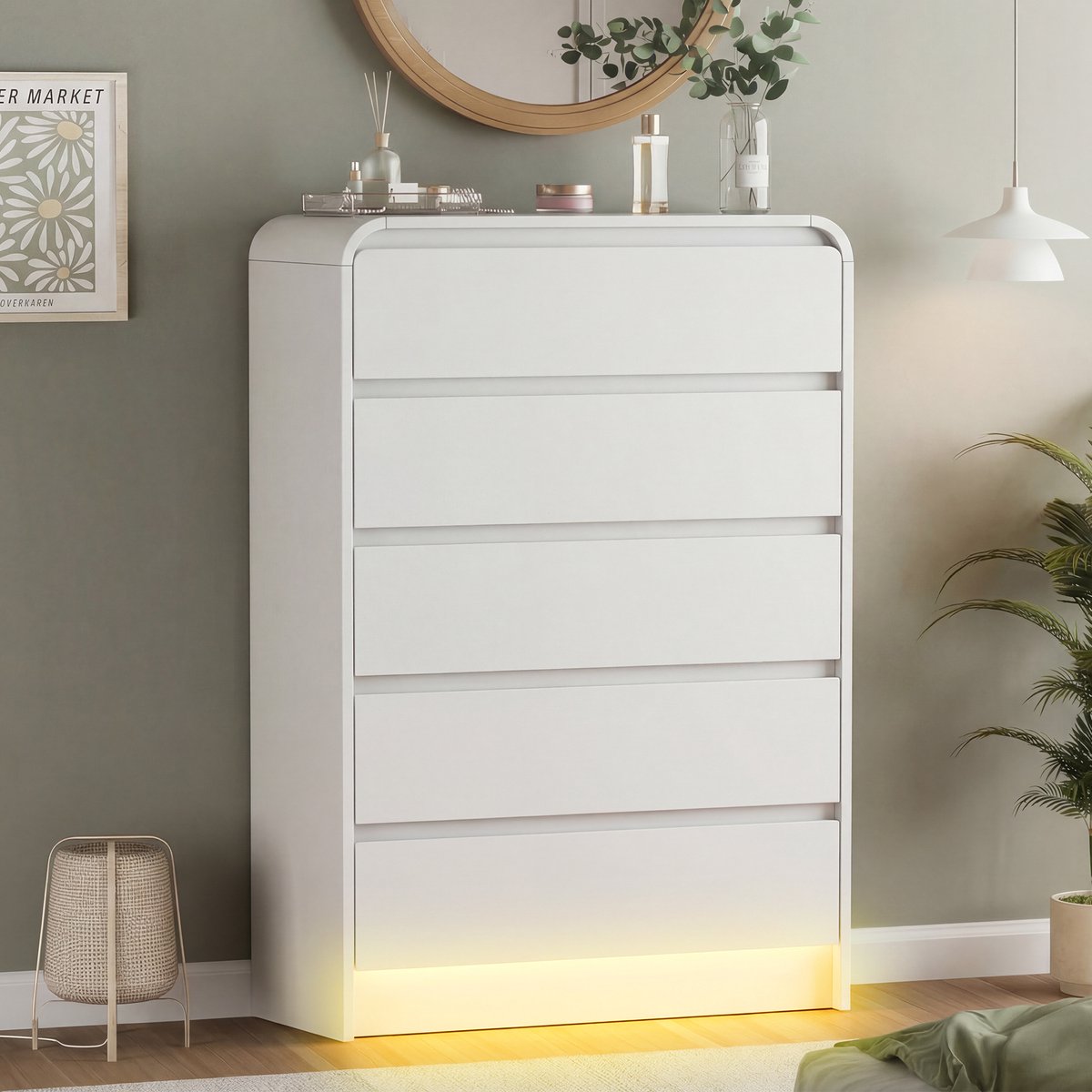 Houten ladekast met 5 lades, moderne ladekast met ledverlichting, voor woonkamer, slaapkamer of kantoor, 73x40x110cm (verzonden in 2 pakketten)