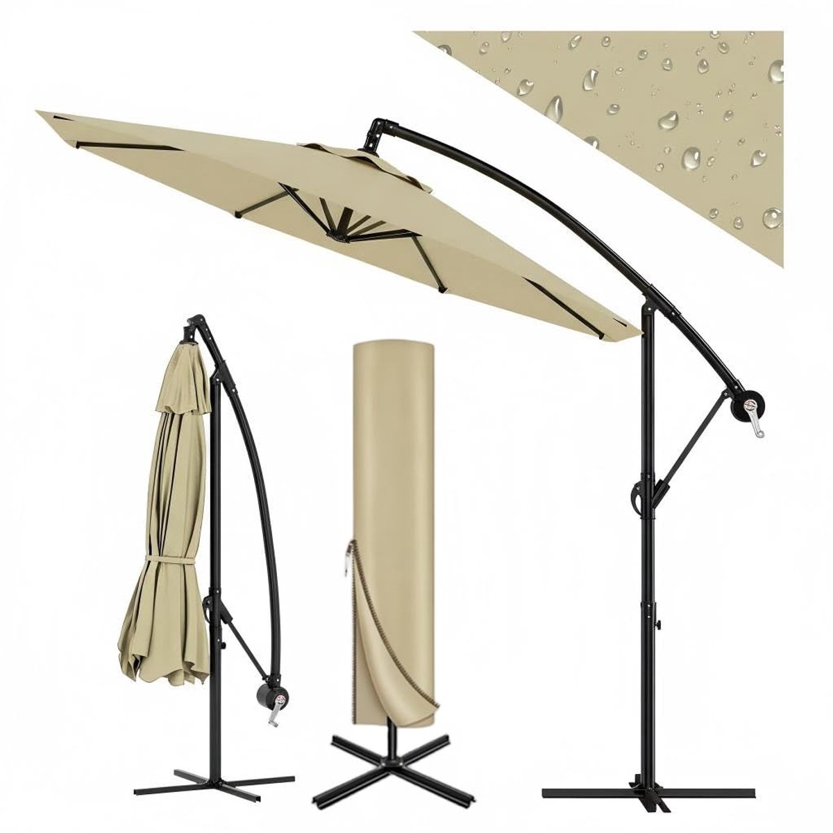 Parasol met Voet, 3x3m, Zweefparasol met Draaibaar 360°, Bananenparasol met Handslinger, Tuin Zonnescherm voor Terras, Balkon of Buiten Eettafel, Kaki