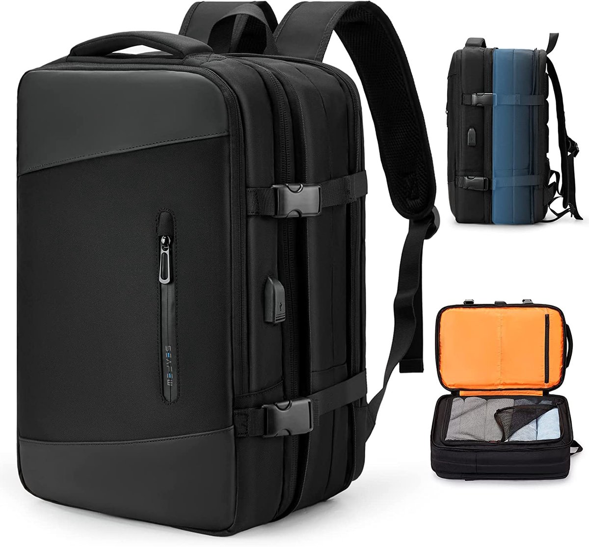 Grote Capaciteit Laptop Rugzak 17 Inch – Uitbreidbare Reiserugzak, Schooltas en Handbagage Rugzak voor Dames en Heren – Waterafstotende Rugzak met USB-Aansluiting, Apart Schoenenvak en Natvak – Voor Werk, Reizen en School