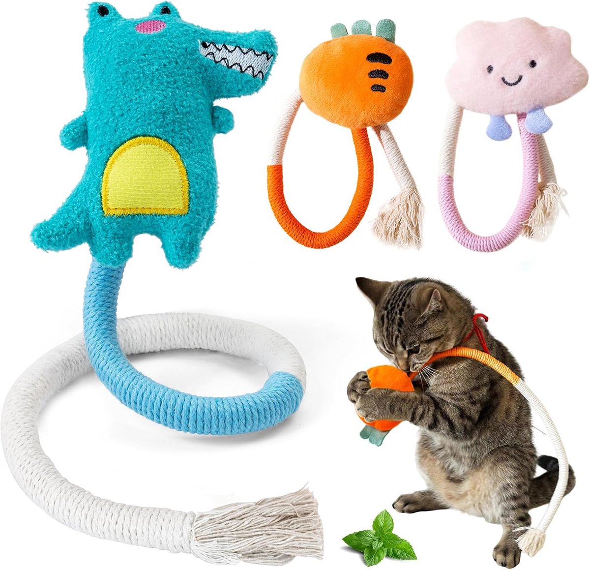 Oneay 3 stuks Kattenkruid Kattenspeeltje – Katoenen Bijtkoord voor Katten, Tandspeelgoed voor Tandreiniging, Gebitsverzorging en Vermindering van Slechte Adem