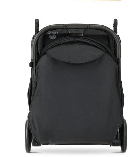 Zwarte Deryan buggy, achterkant, met gesloten kap en zitje.