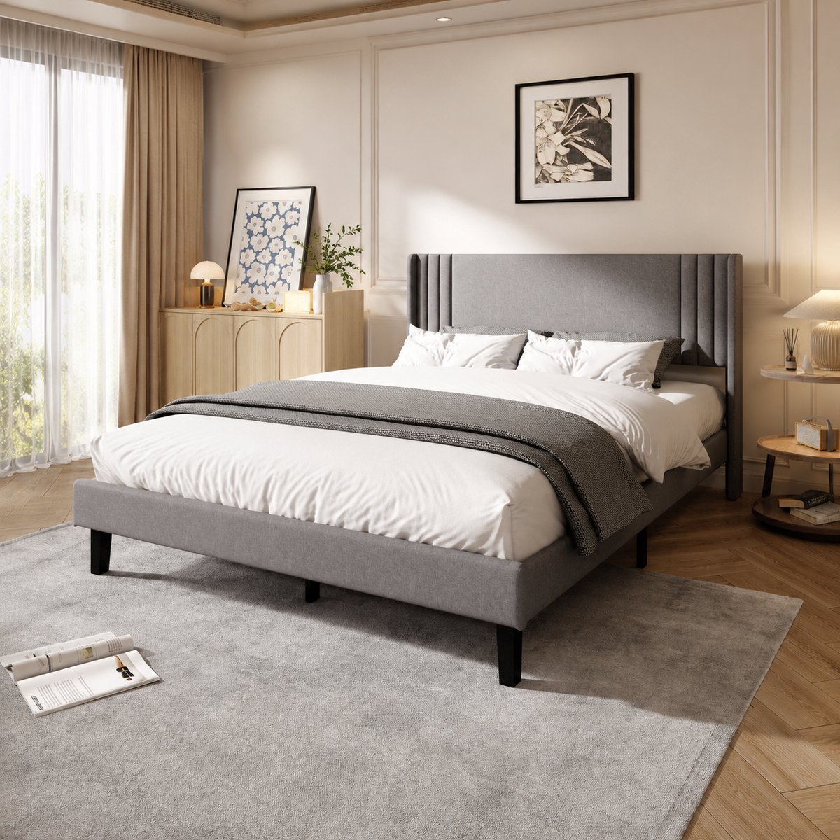 MEXUS Tweepersoonsbed 140x200 cm met lattenbodem, bed met hoofdbord, gestoffeerd bedframe, 2-persoonsbed voor volwassenen, moderne stijl, lichtgrijs