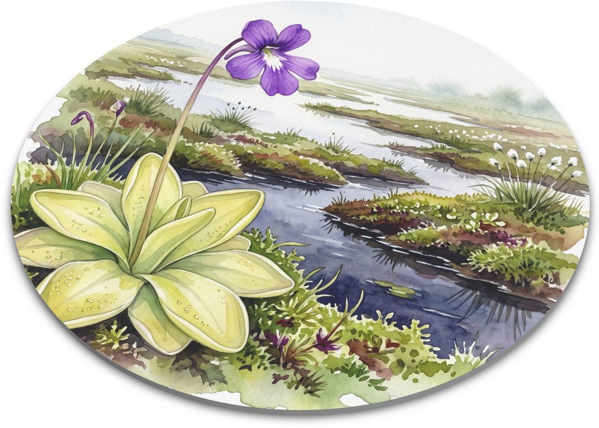 Ronde muismat vetblad aquarel illustratie met paarse bloem, bleekgroene rozet en nat veenlandschap voor botanisch bureau, werkplek of cadeau voor plantenliefhebber 22x22 cm