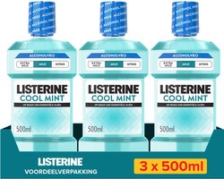 Listerine Cool Mint Mild Mondspoeling, Met Essentiële Oliën, Tegen Slechte Adem en Tandplak, Mild Muntsmaak, 3x500 ml
