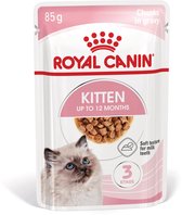 Royal Canin Kitten natvoer. 85g zakje met afbeelding van kitten en brokjes in saus.