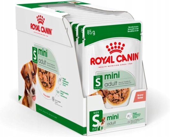 Doos Royal Canin Mini Adult natvoer voor honden met 12 zakjes van 85g. Bevat stukjes in saus.