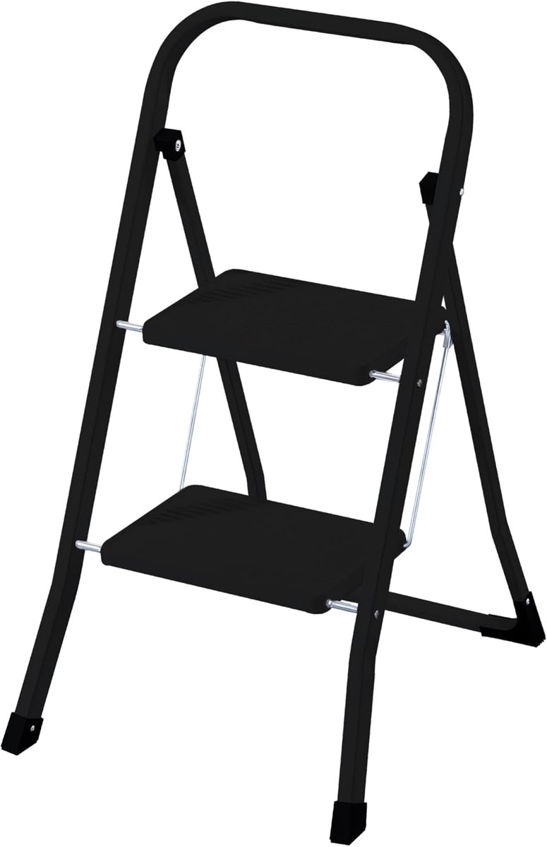 Opvouwbare Keukenladder - Huishoudtrap 2 treden - Veilig Klussen - Antislip Treden - 150 kg Belasting - Zwart