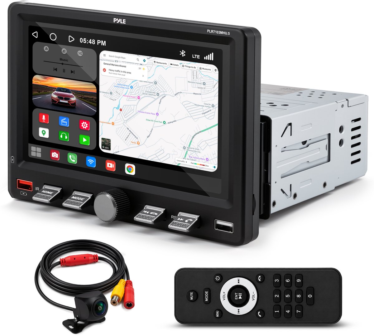 Pyle 1DIN Autoradio – 7 Inch Draadloos Apple CarPlay & Android Auto – Bluetooth – USB-C Snelladen – AM/FM Radio – Mirror Link – Inclusief Achteruitrijcamera