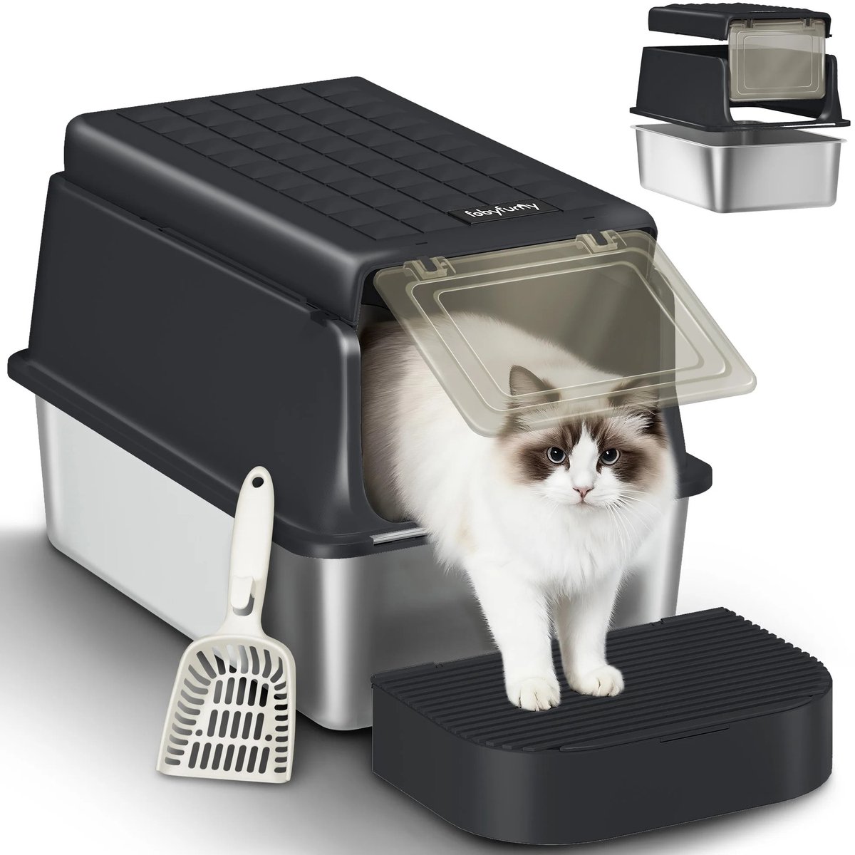 Emvae Kattenbak - RVS Kattenbak - XXL - met Deksel - 3-in-1 Open/Halfopen/Gesloten - 60x40x38,5 cm - Met Schep & Voetmat - Zwart