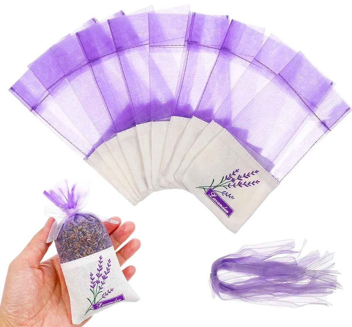 Dailygoods- Lavendelzakjes 10 Stuks - Geurbuiltjes - Katoenen Zakjes - Organza Zakjes - La