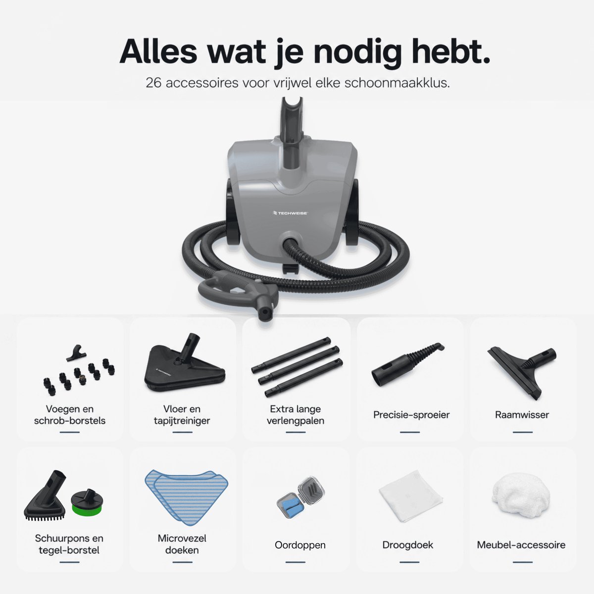 Techweise TS1 - Stoomreiniger - 3,6 bar 1500W - 26 accessoires - Vloer, badkamer en meer - 40 min stomen thumbnail 5