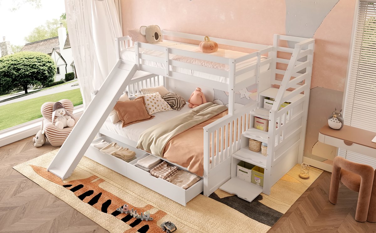 Stapelbed Met Glijbaan En Opbergruimte - Hoogslaper 90x200 En 140x200 - Kinderbed Met Laden - Wit
