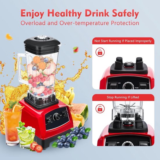 Krachtige Blender - Hogesnelheid Mixer - Smoothies Maken - Geluidsarm Ontwerp - 2 Liter Kan - Rood — afbeelding 4