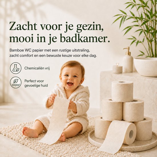 Een lachende baby in badjas die bamboe toiletpapier vasthoudt, met een stapel rollen en een plant op de achtergrond.