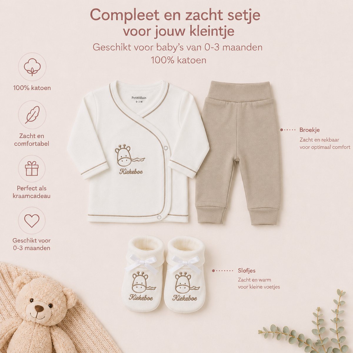 Blijeitje - Luxe 3-delige babycadeauset - Kraamcadeau Unisex met stylvolle Shirtje, Broekje & Slofjes - Kiekeboe Design – foto 4