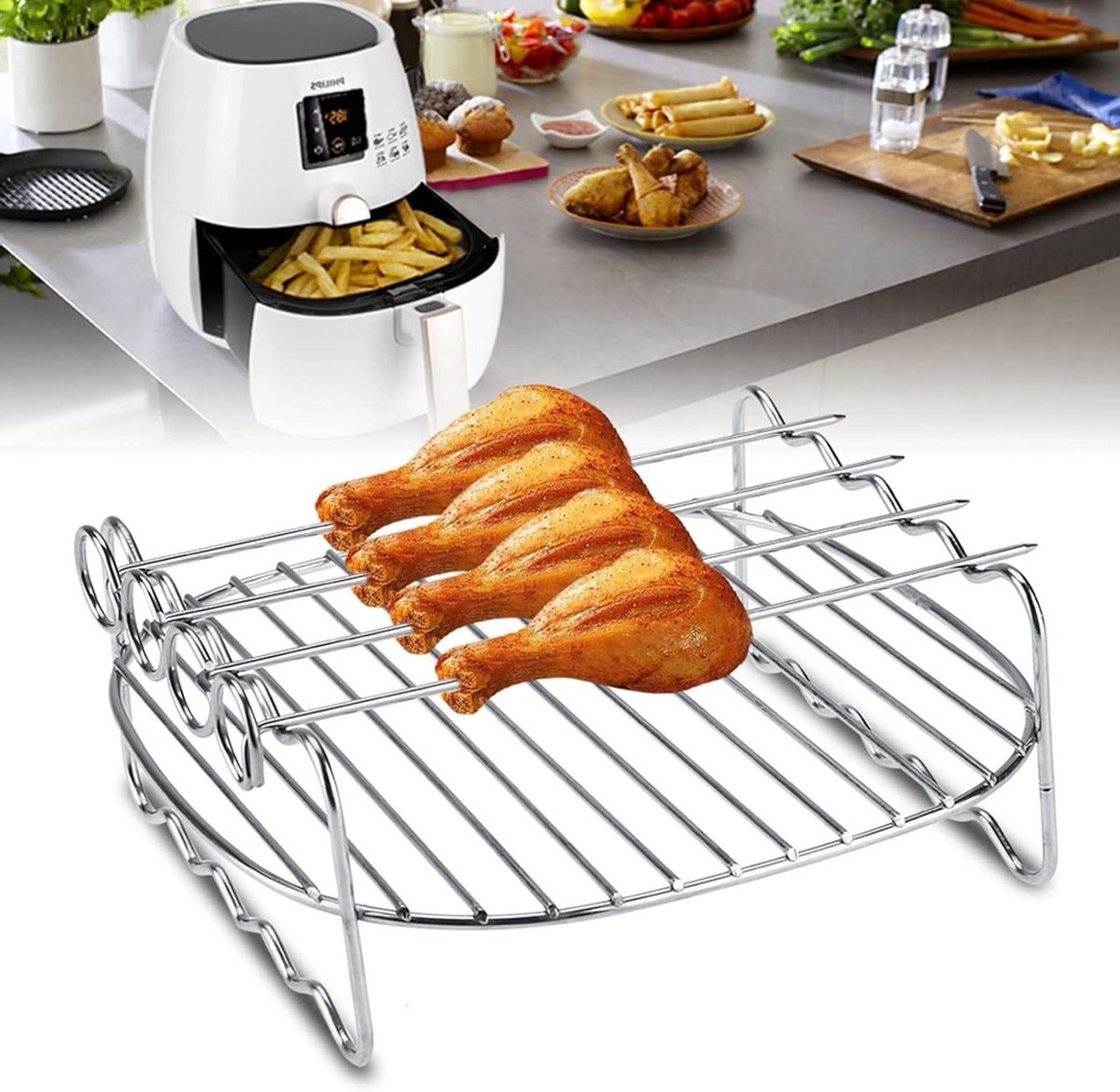 Heteluchtfriteuse Accessoires Grillrooster Spiesrek Dubbel Garen Roestvrij Staal 16.7x16.5x7cm Zilver