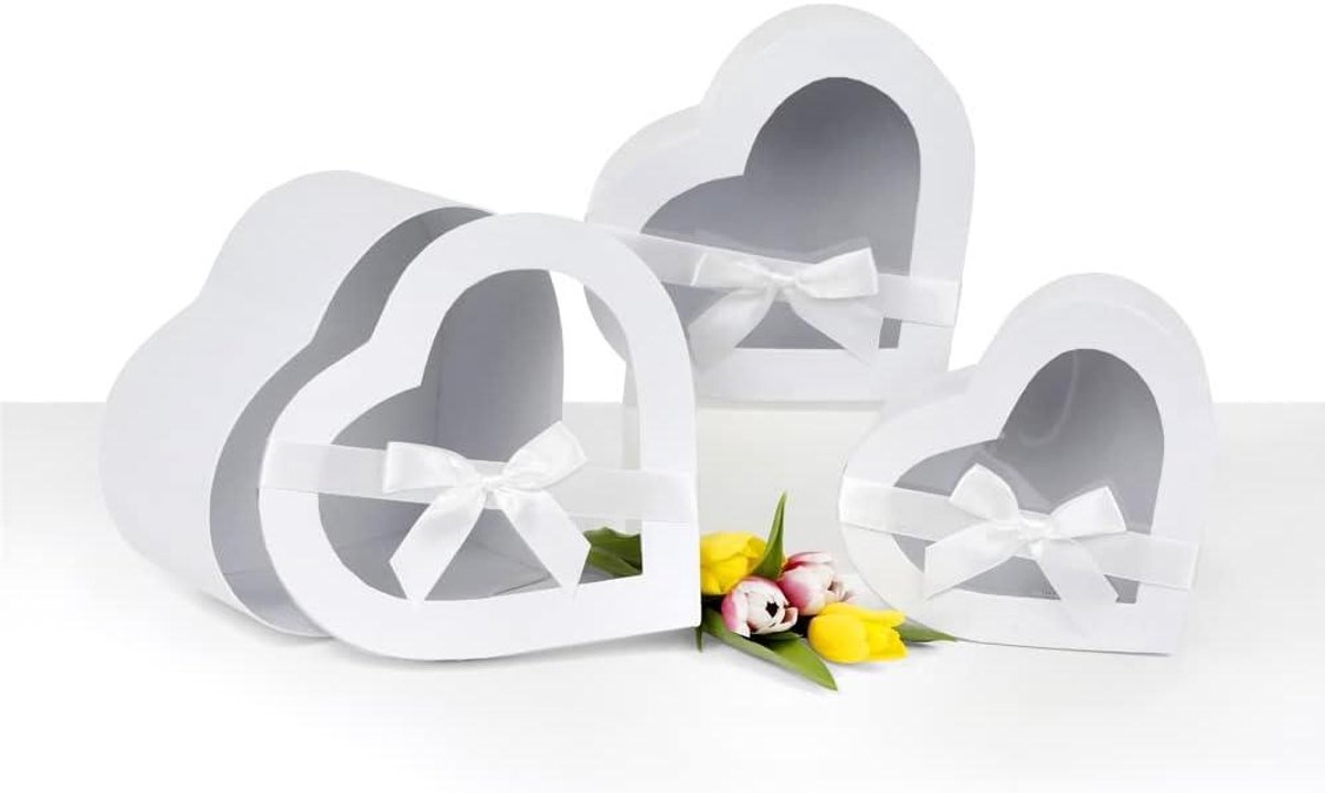 Hartvormige Bloembakken - Set Geschenkbakken - Bloemen Presenteren - Set van 3 - Verschillende Maten - Wit