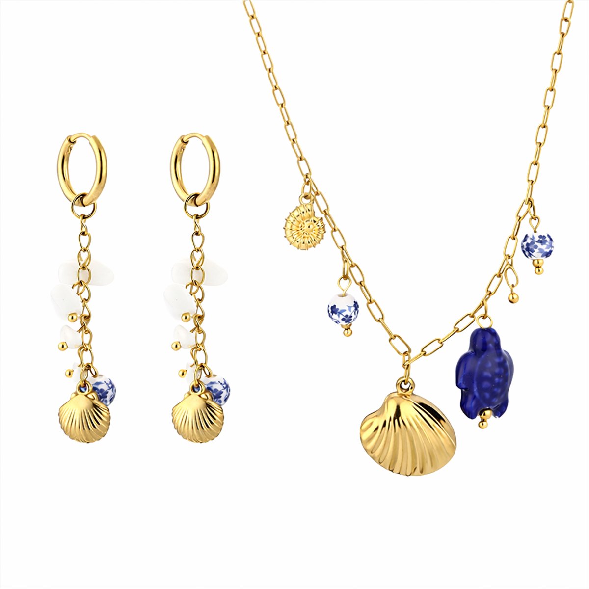 Michelle Bijou | Ketting Oorbellen Set " Schelp" | 2 delig | Stainless steel - Blauw