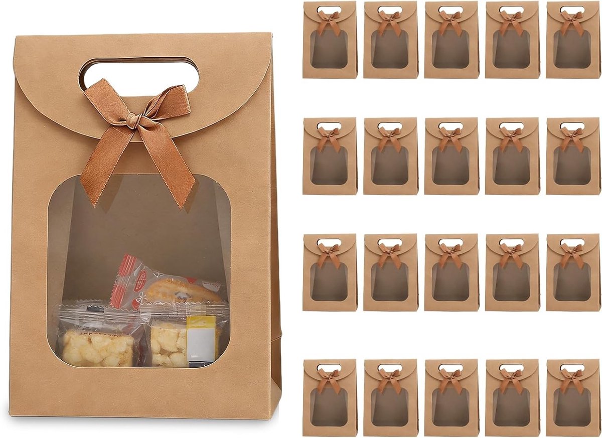 Cadeauzakjes met venster, 20 stuks, 16 x 12 x 6 cm, bruine papieren zakken met handgrepen, ideaal voor feestjes en geschenken