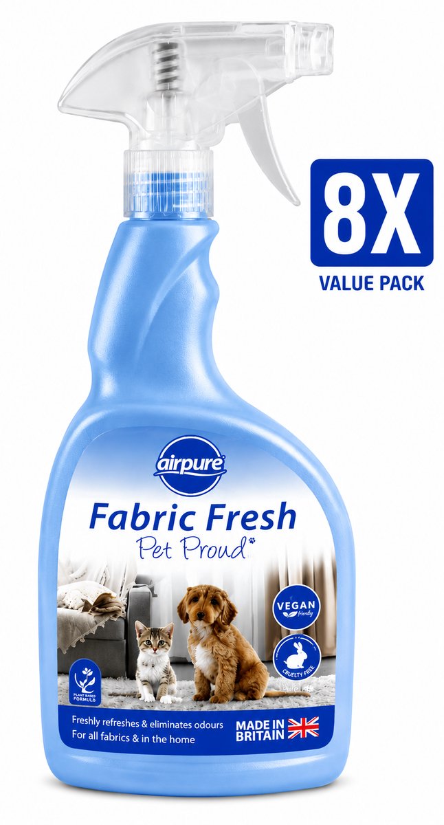 Airpure Textielverfrisser Pet Proud Huisdier 750 ml Spray - Set van 8 Flessen (6 L Totaal) - Geurneutralisator voor Beddengoed Gordijnen Kleding en Meubels - 100% Veganistisch en Dierproefvrij - Made in UK