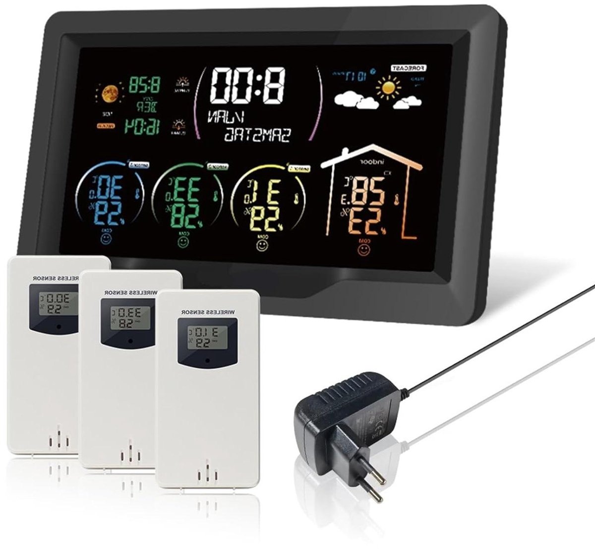 Digitaal Weerstation - Wandklok Temperatuurmeter - Binnen Buiten Meten - Met 3 Sensoren - EU - Wit