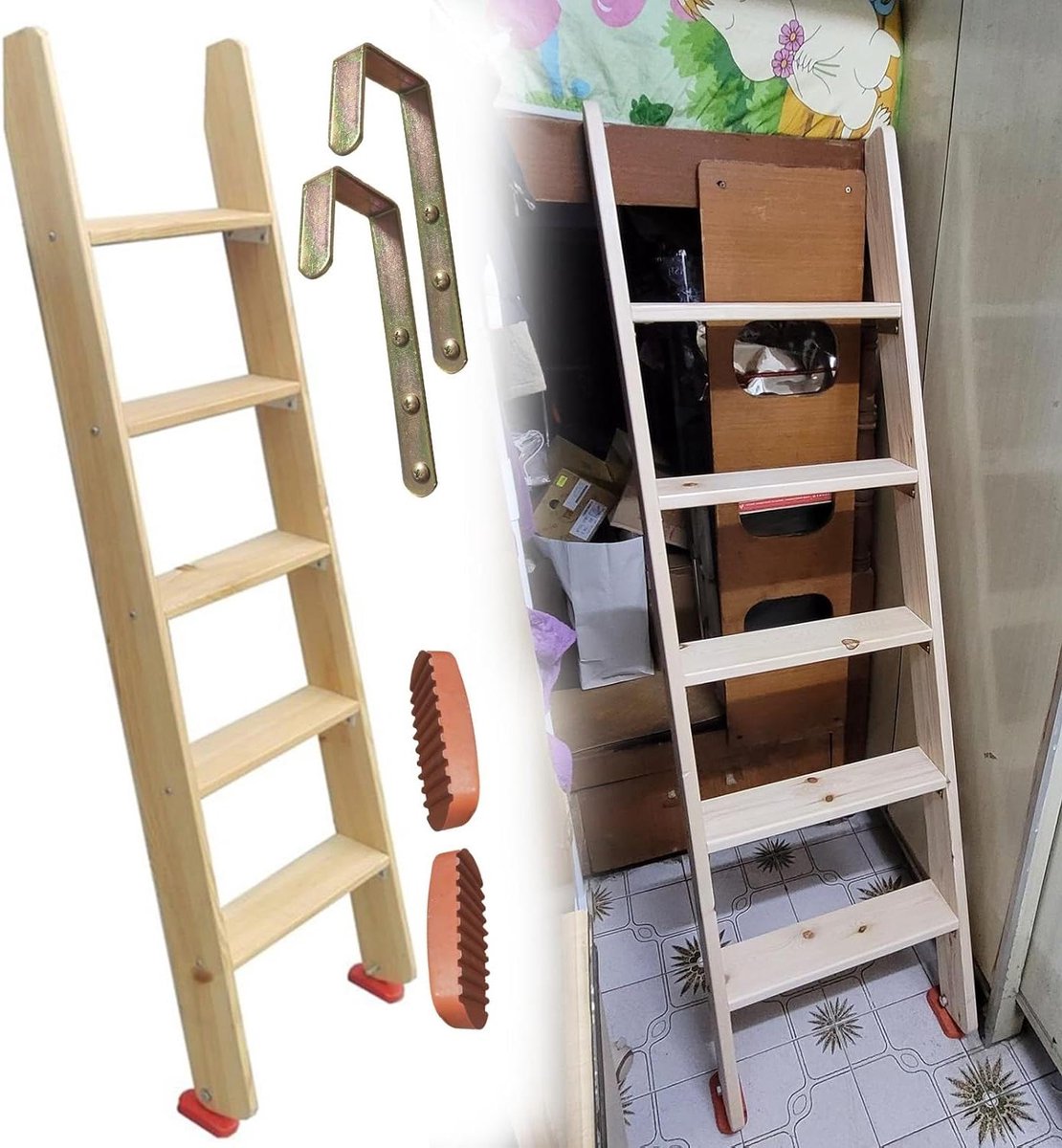 Houten Stapelbed Ladder - Bedladder Opstapladder - Veilig Bed Gebruiken - Extra Brede Antislip Treden - 150 cm Lang - Houtkleur