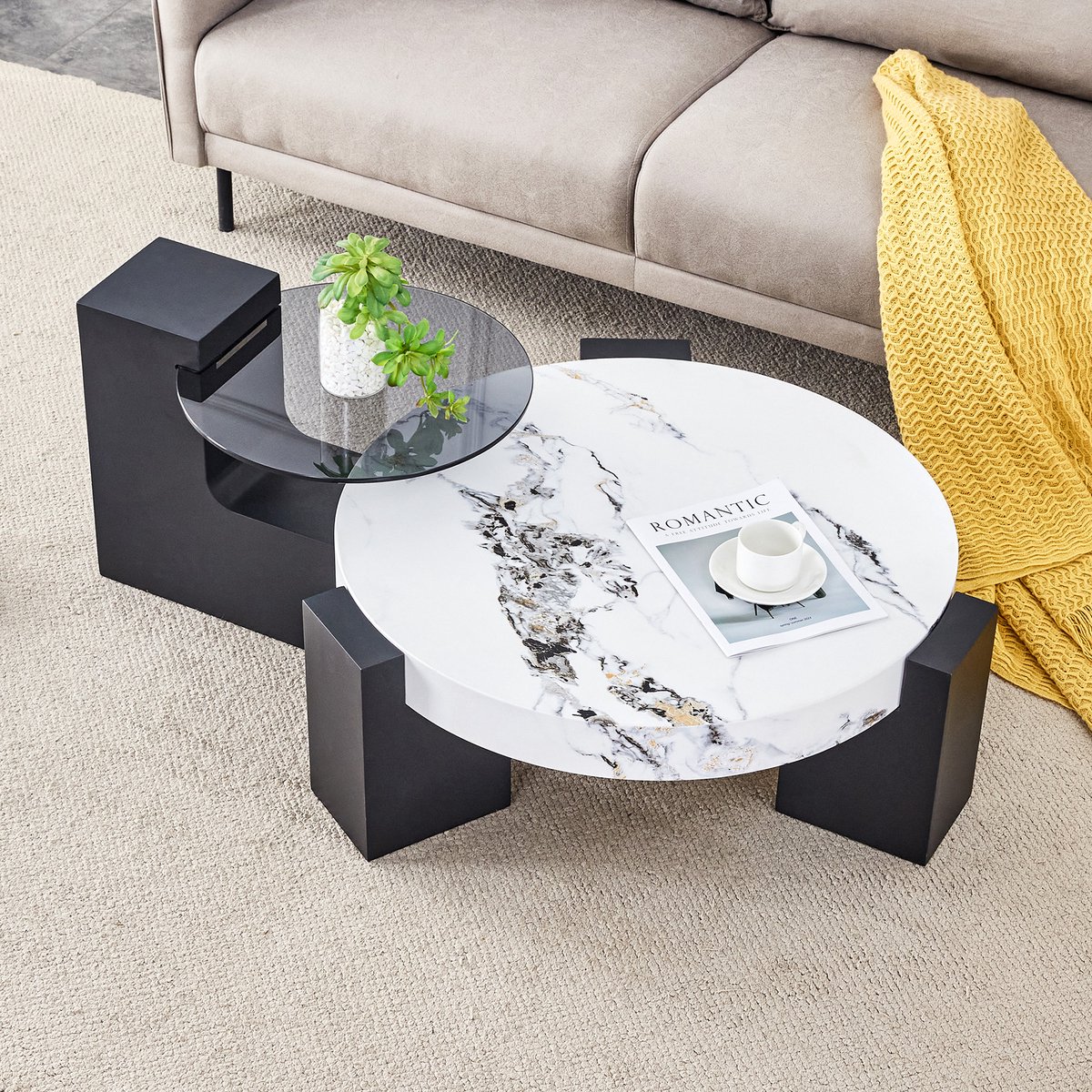 MODENUIT Bijzettafelset - Rond Met Glasblad En Marmerlook - Voor Woonkamer En Slaapkamer - Wit Zwart - 61/44 cm