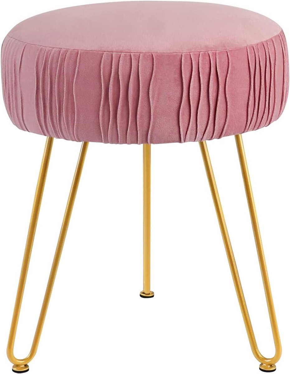 Fluwelen kruk - Kaptafel stoel - Voeten rusten - Gouden poten - Ronde vorm - Roze