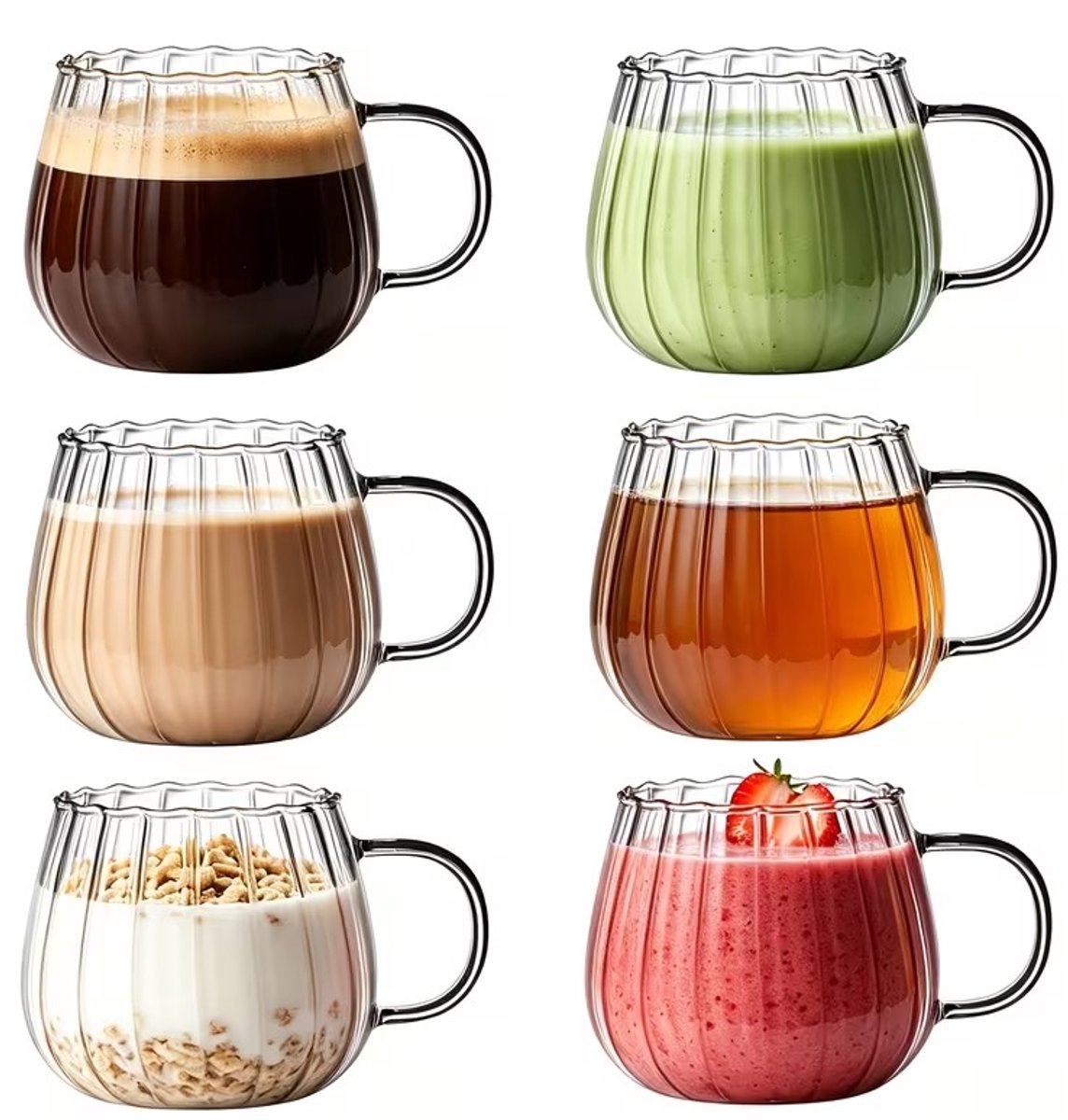 6 stuks Glazen Pompoenbekers, 450ml 15.5oz Hittebestendige Ontbijtbekers