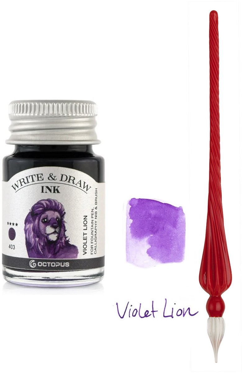 Glazen dip pen set in doosje - Rood - Potje Octopus inkt violet lion
