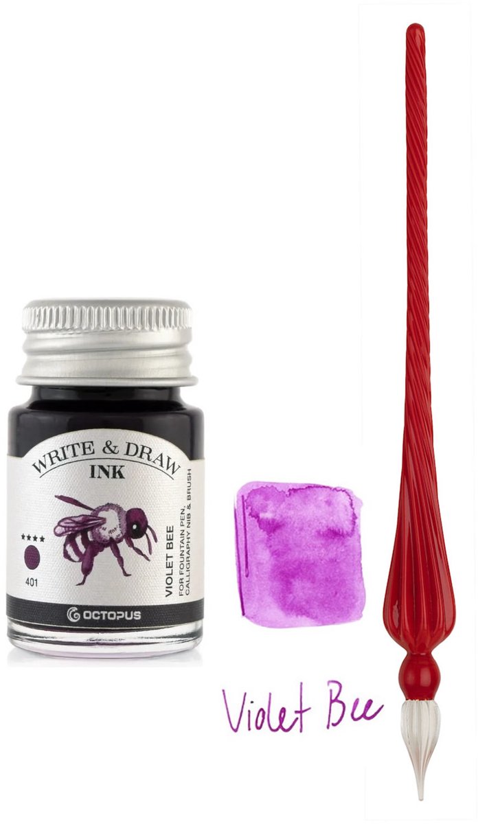 Glazen dip pen set in doosje - Rood - Potje Octopus inkt violet bee