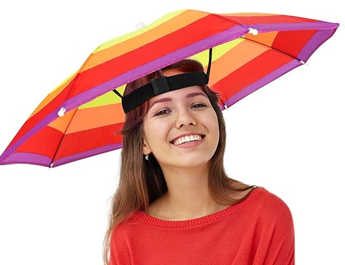 Parapluhoed - Kleurrijke feesthoed voor buiten - Diameter van het doek: 52 cm - Geschikt voor strand, kamperen en bescherming tegen zon en regen - Handsfree ontwerp - Kleurrijk